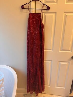 Lulu's Burgundy Beaded Spaghetti-Strap Gown